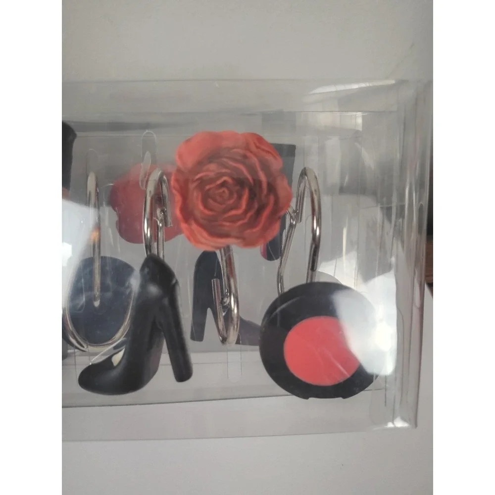 Glam Shower Curtain Hooks Set Lipstick Heels Rose Bath Decor Fashion Vanity